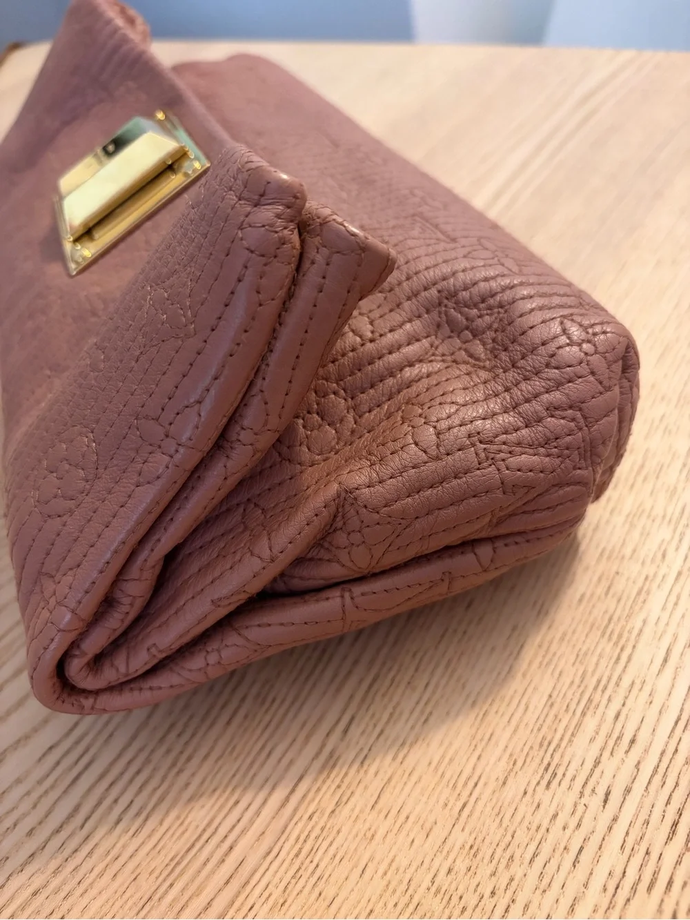 Louis Vuitton Mauve Taupe Leather Monogram Clutch with Gold Mirror